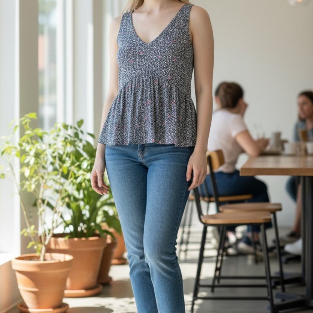 J.Crew Mercantile Peplum Tank Top XXS 00-2 Blue Floral V-Neck Babydoll Blouse